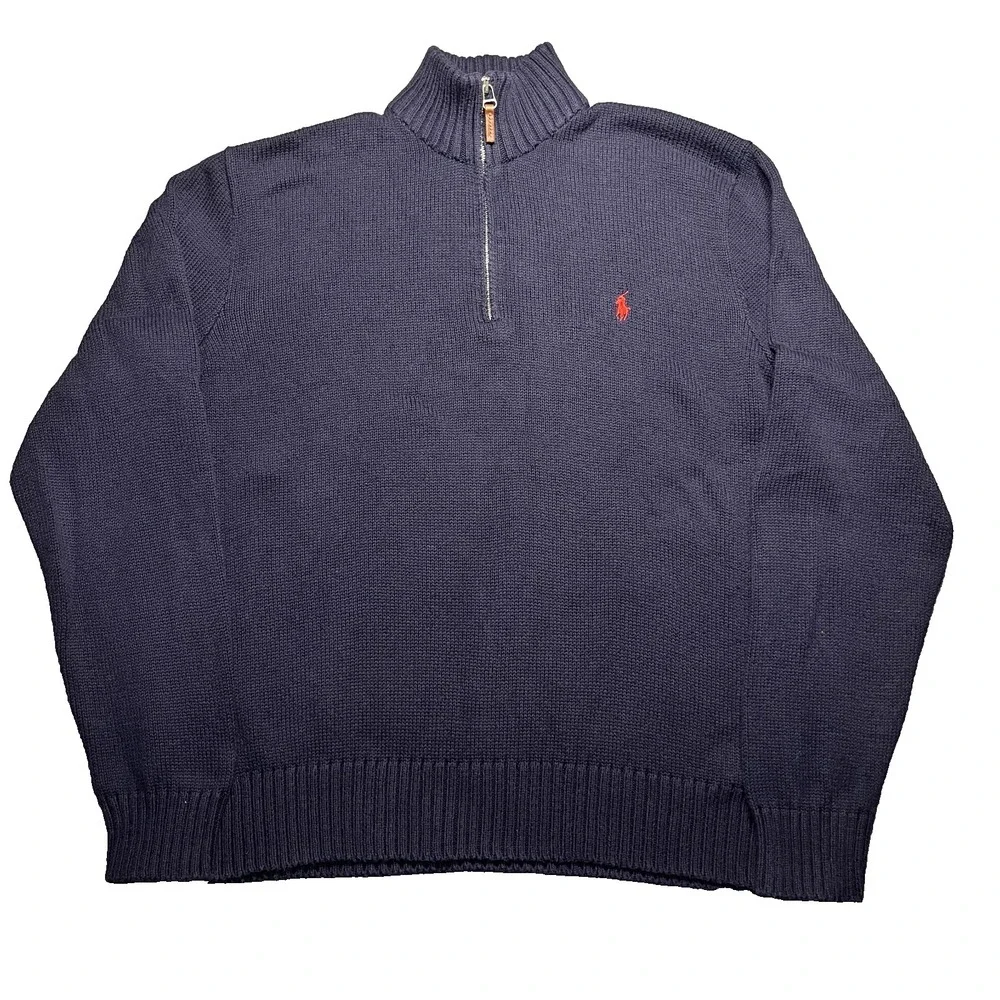 Vintage Polo Ralph Lauren 1/4 Zip Knit Sweater Men's XXL Navy 100% Pima Cotton